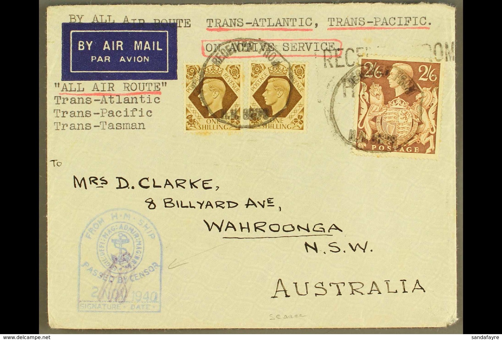 1940  (2 Nov) "ON ACTIVE SERVICE" + "ALL AIR ROUTE" Endorsed Env Addressed To New South Wales Bearing GB 1s (x2) And 2s6 - Ohne Zuordnung