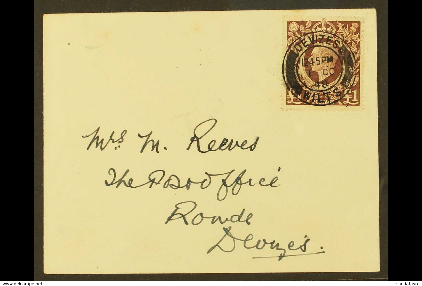 1948  £1 Brown, Single Franking On Plain Envelope, "DEVIZES 1 OC 48" FIRST DAY POSTMARK. Hand Written Address, Clear & U - Ohne Zuordnung