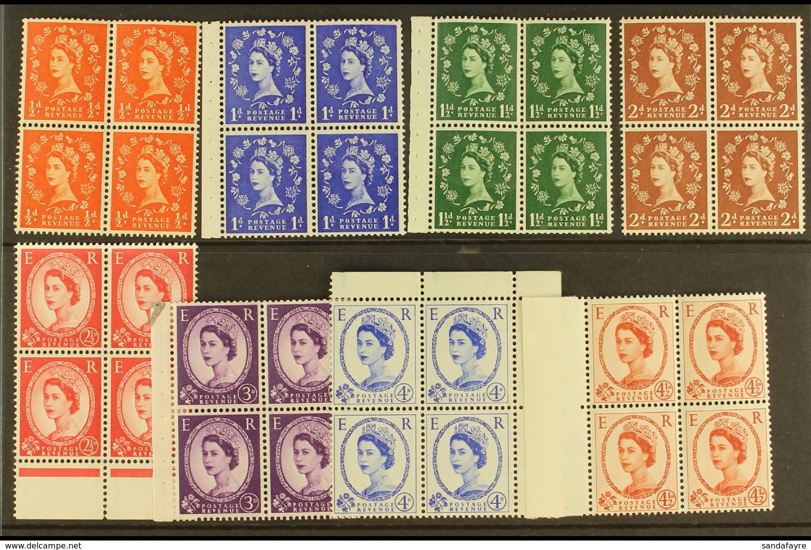 1958-61  Wilding Graphite Set Complete, SG 587/94, Never Hinged Mint BLOCKS OF FOUR (8 X Blocks 4 = 32 Stamps) For More  - Sonstige & Ohne Zuordnung