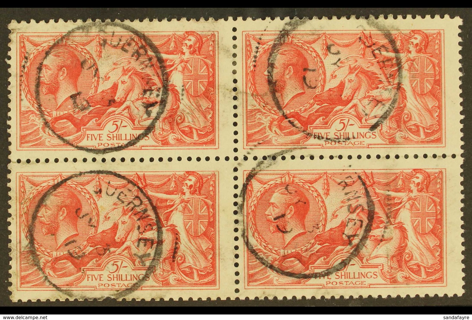 GUERNSEY  1918-19 5s Rose-red Seahorse, Bradbury Printing, SG 416, Good Used BLOCK OF FOUR With July 3rd 19 Cds Cancels. - Sonstige & Ohne Zuordnung