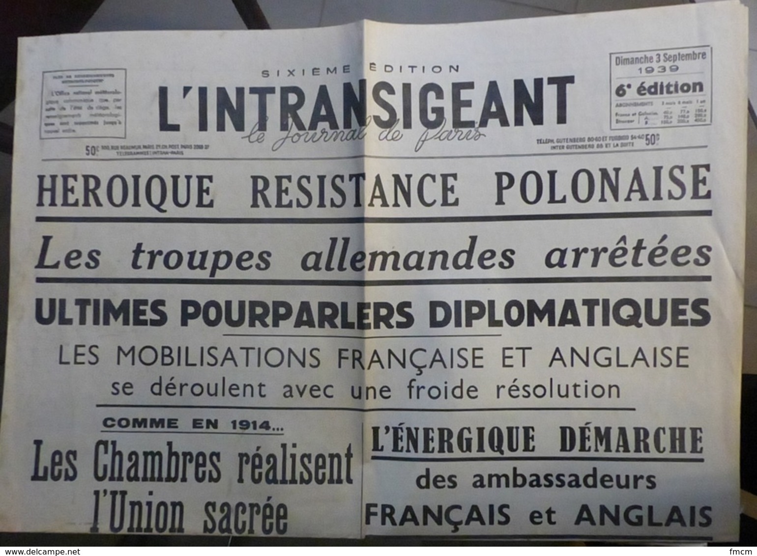 L'Intransigeant 3 Septembre 19399 - Autres & Non Classés