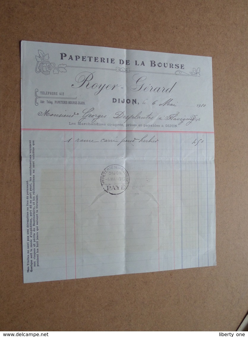 Papeterie De La Bourse ROYER - Gérard DIJON / 1910 > Georges Desplantes ( Correspondance / Facture / Bon De Commande ) ! - Imprimerie & Papeterie