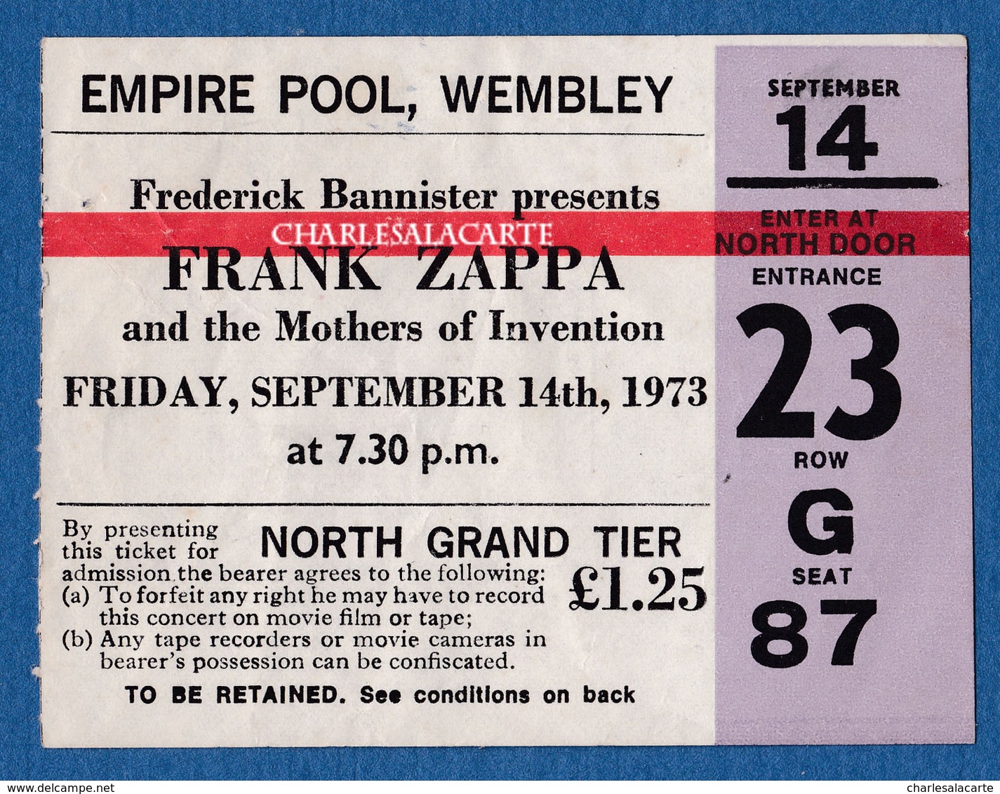 1973 RARE FRANK ZAPPA & THE MOTHERS CONCERT TICKET WEMBLEY ENGLAND - Tickets De Concerts