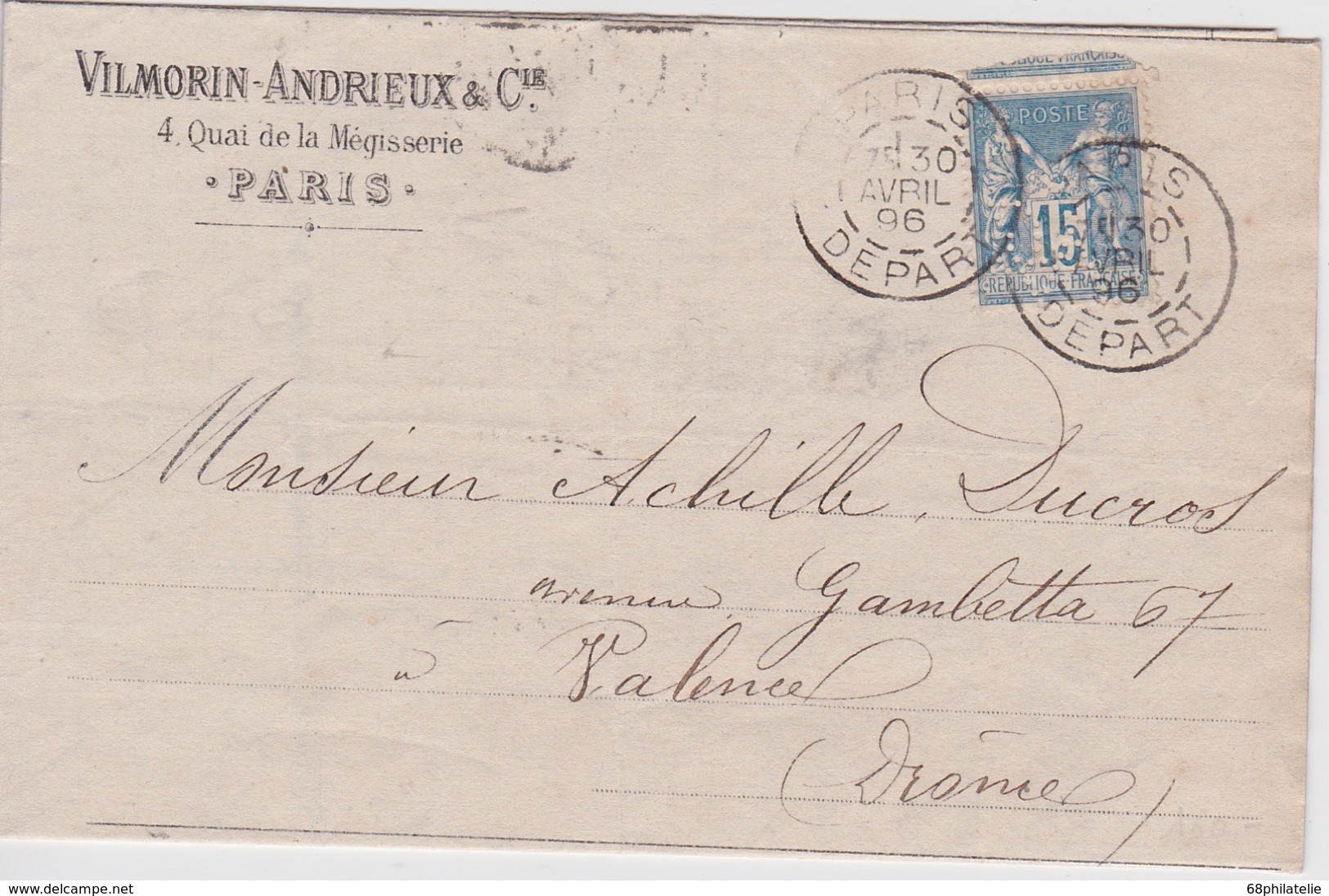 FRANCE 1896 LETTRE DE PARIS TIMBRE PERFORE  VILMORIN-ANDRIEUX - Autres & Non Classés