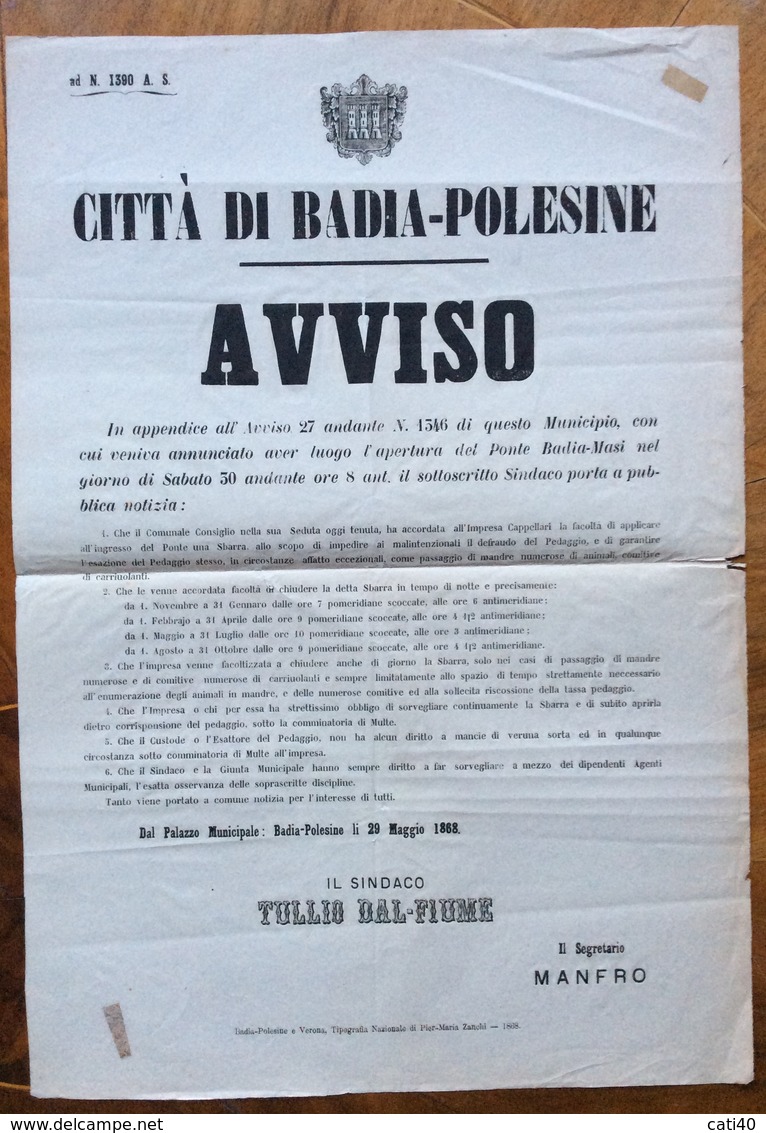 BADIA POLESINE 29/5/1868 MANIFESTO  SINDACO TULLIO DAL FIUME Suh APERTURA DEL PONTE BADIA - MASI Tip.Pier Maria Zanchi - Manifesti