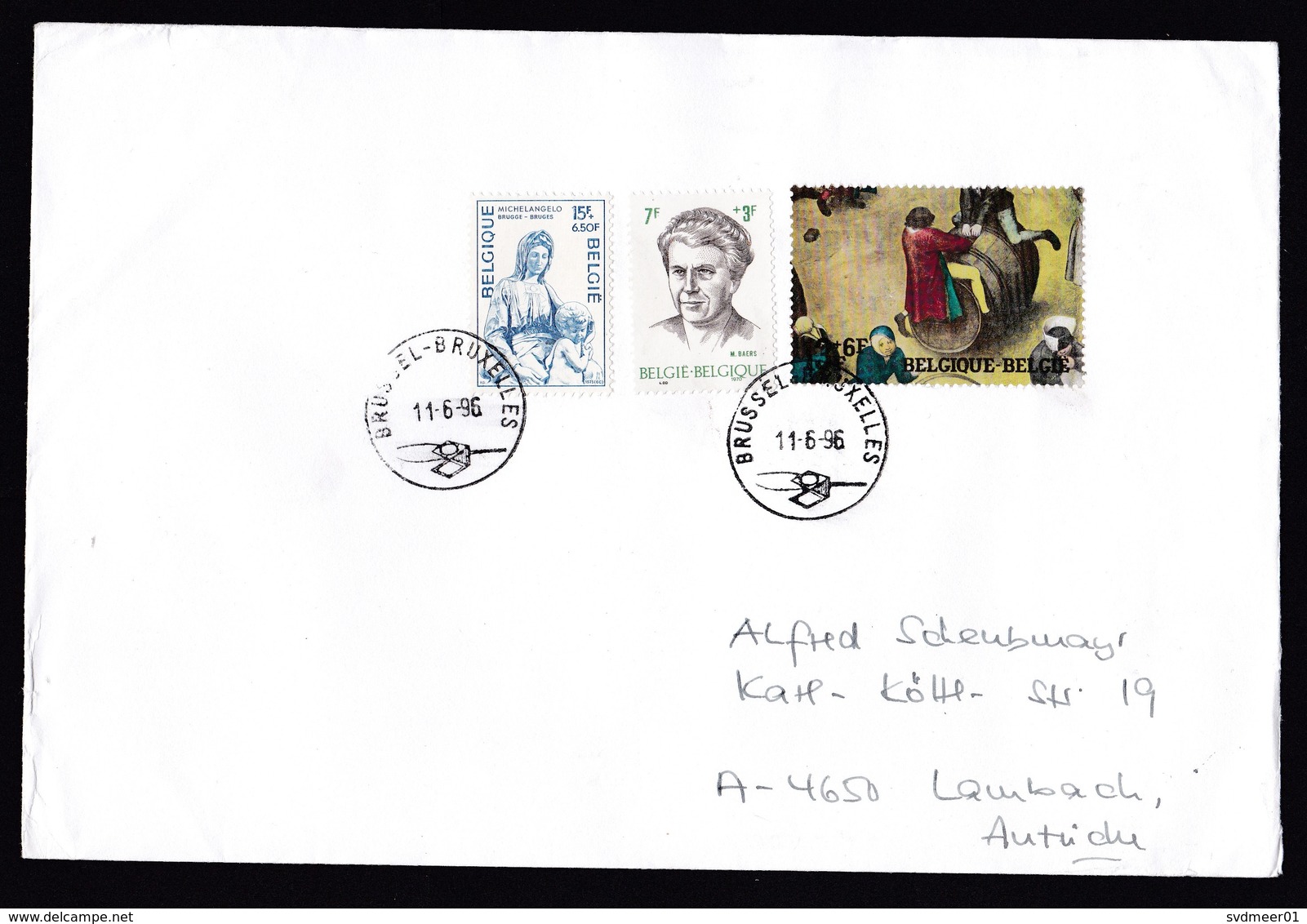 Belgium: Cover To Austria, 1996, 3 Stamps, Old Painting, Statue Michelangelo, Baers, Art (traces Of Use) - Storia Postale