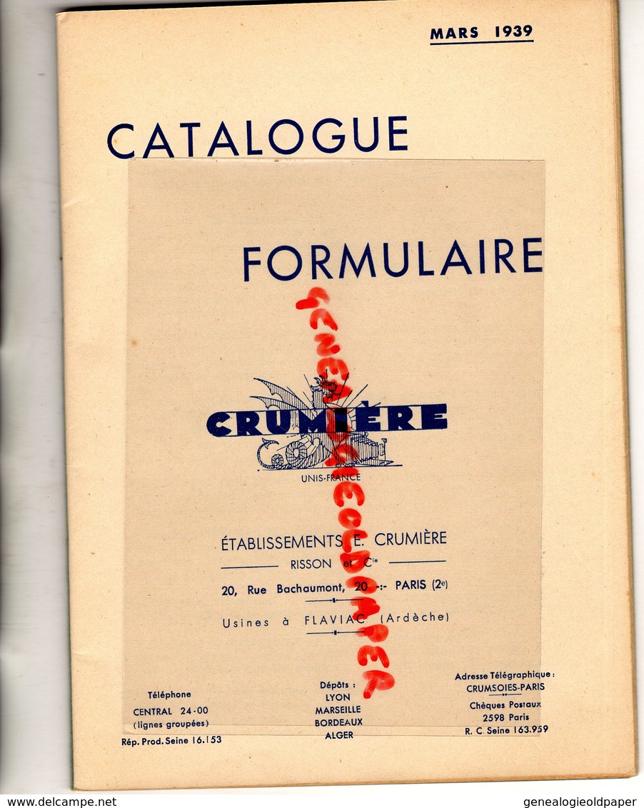 07- FLAVIAC-75-PARIS- RARE CATALOGUE FORMULAIRE PRODUITS PHOTO CRUMIERE- RISSON-PHOTOGRAPHIE-MARS 1939- - Fotografía