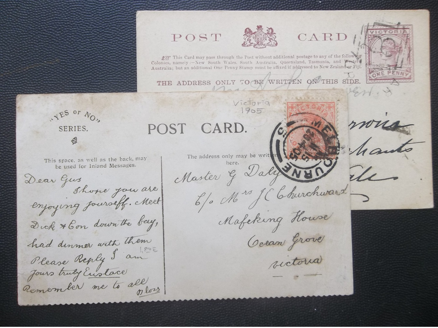 Victoria, Australia: 1888 Postal Card & 1905 PPC To Victoria, Etc. (#RC11) - Covers & Documents