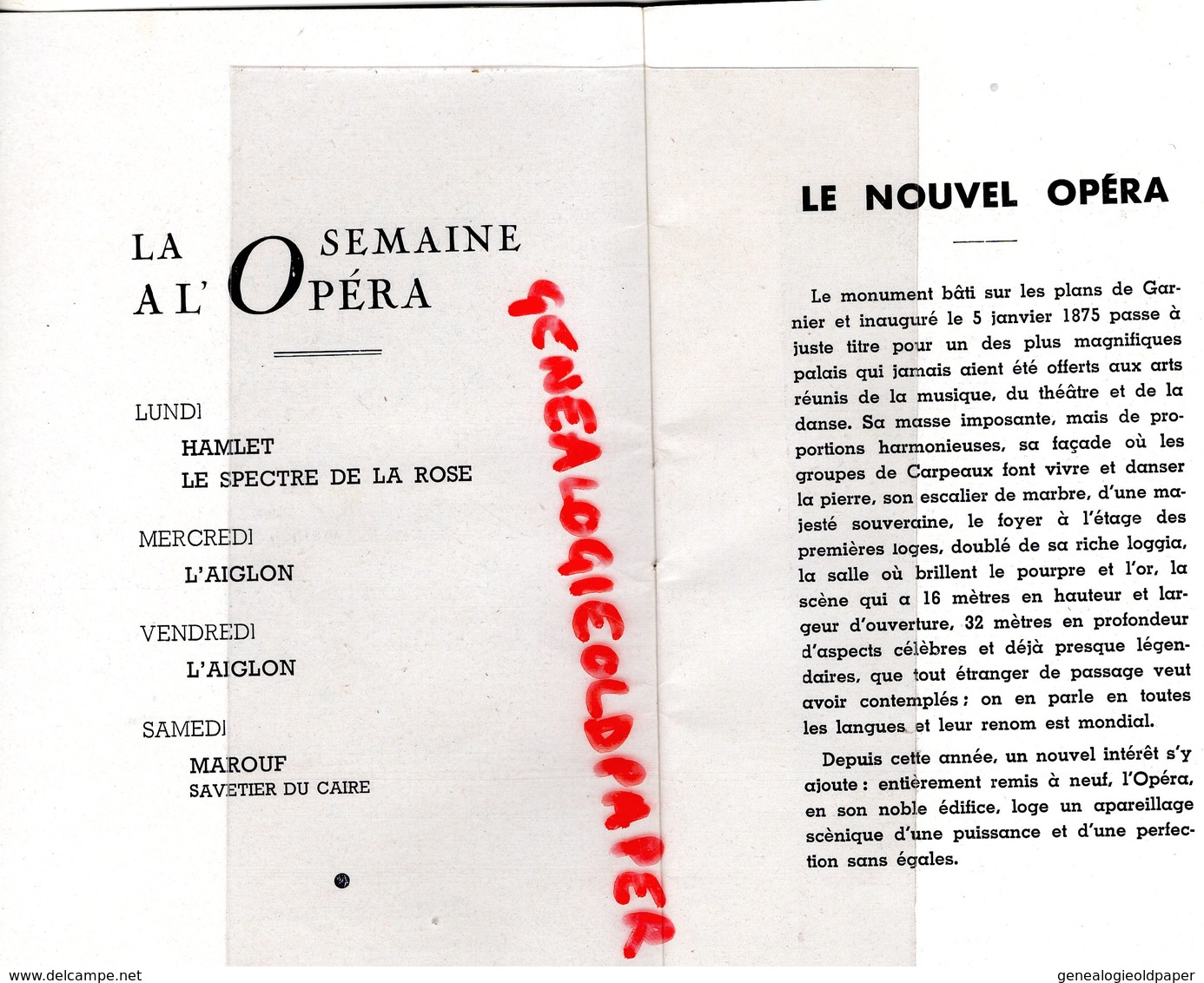 75- PARIS- PROGRAMME ACADEMIE NATIONALE MUSIQUE DANSE-OPERA- 1937-HAMLET-SPECTRE ROSE-L' AIGLON-MAROUF-NARCON-NORE- - Programma's
