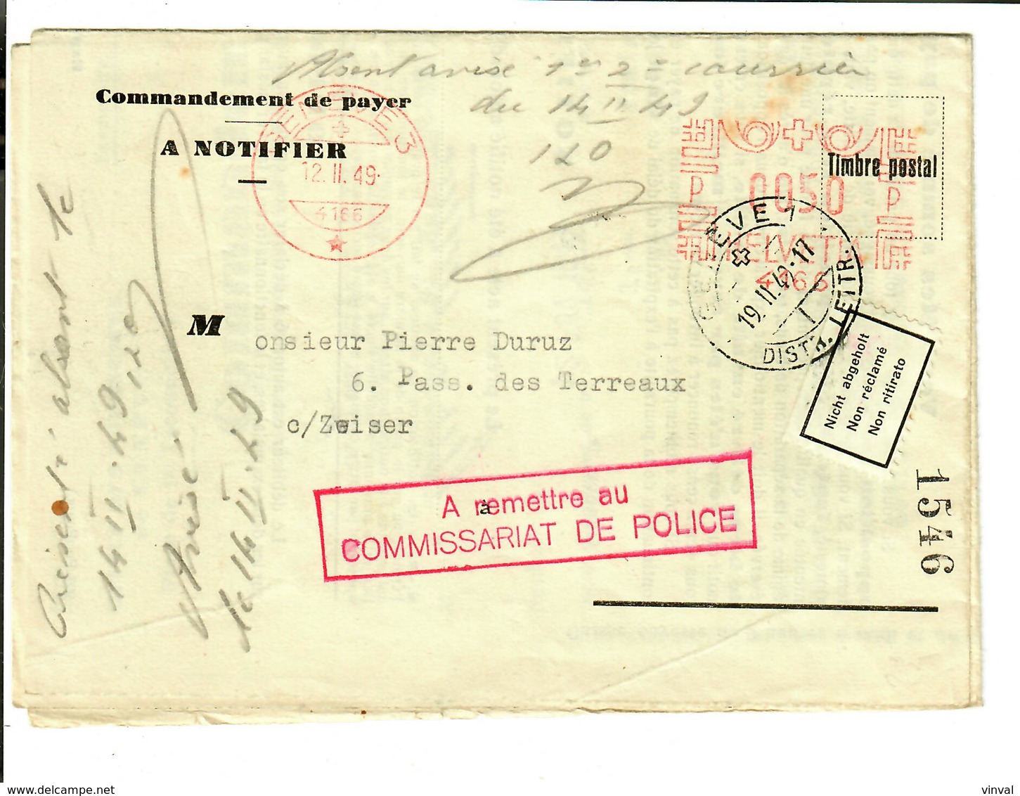 SUISSE SCHWEIZ Genève 1949 Office De Poursuite  Commandement De Payer Non-reclamé - Covers & Documents