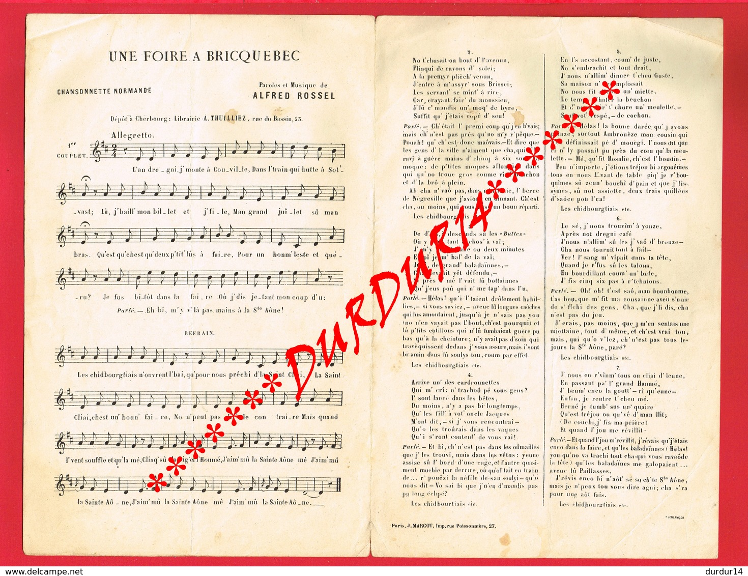 1 Partition Musicale Recueil De Chansons Normandes UNE FOIRE A BRICQUEBEC De A ROSSEL Patois Normand - Partitions Musicales Anciennes