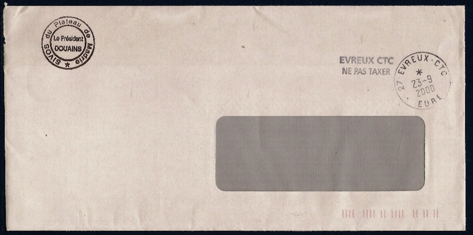 OSBW : 27 - EVREUX CTC : Cachet Manuel "EVREUX CTC NE PAS TAXER" Sur Lettre Du 23-09-2000. - Handstempel