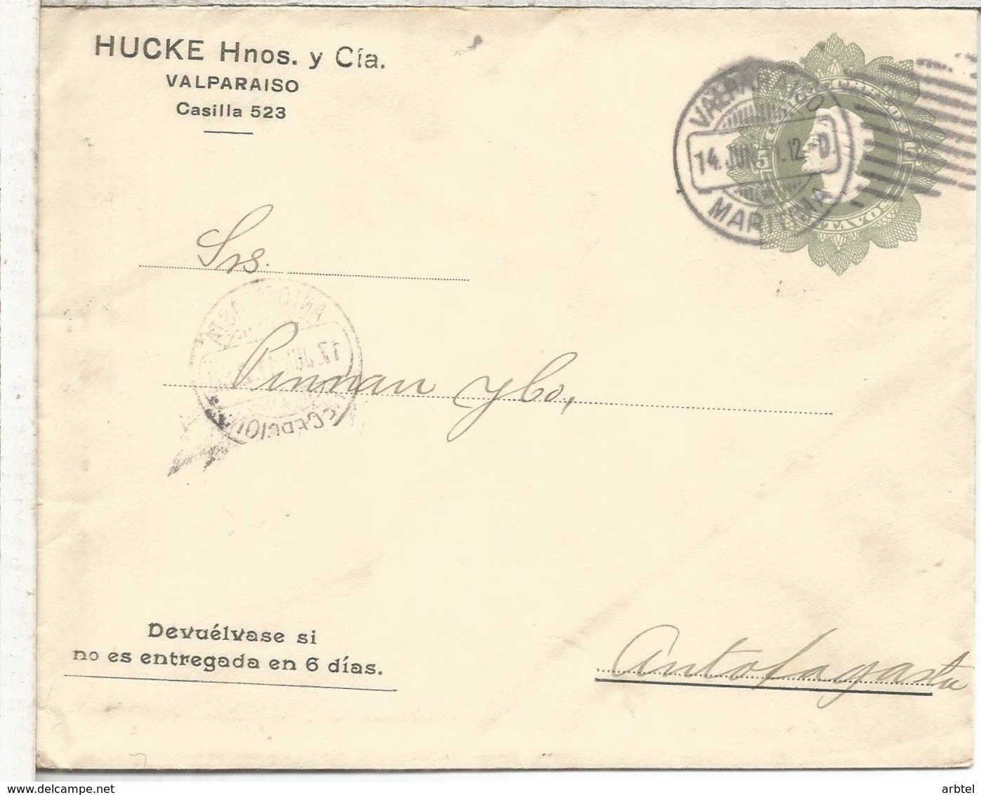 CHILE ENTERO POSTAL HUCKE HNOS Y CIA VALPARAISO 1911 - Chili