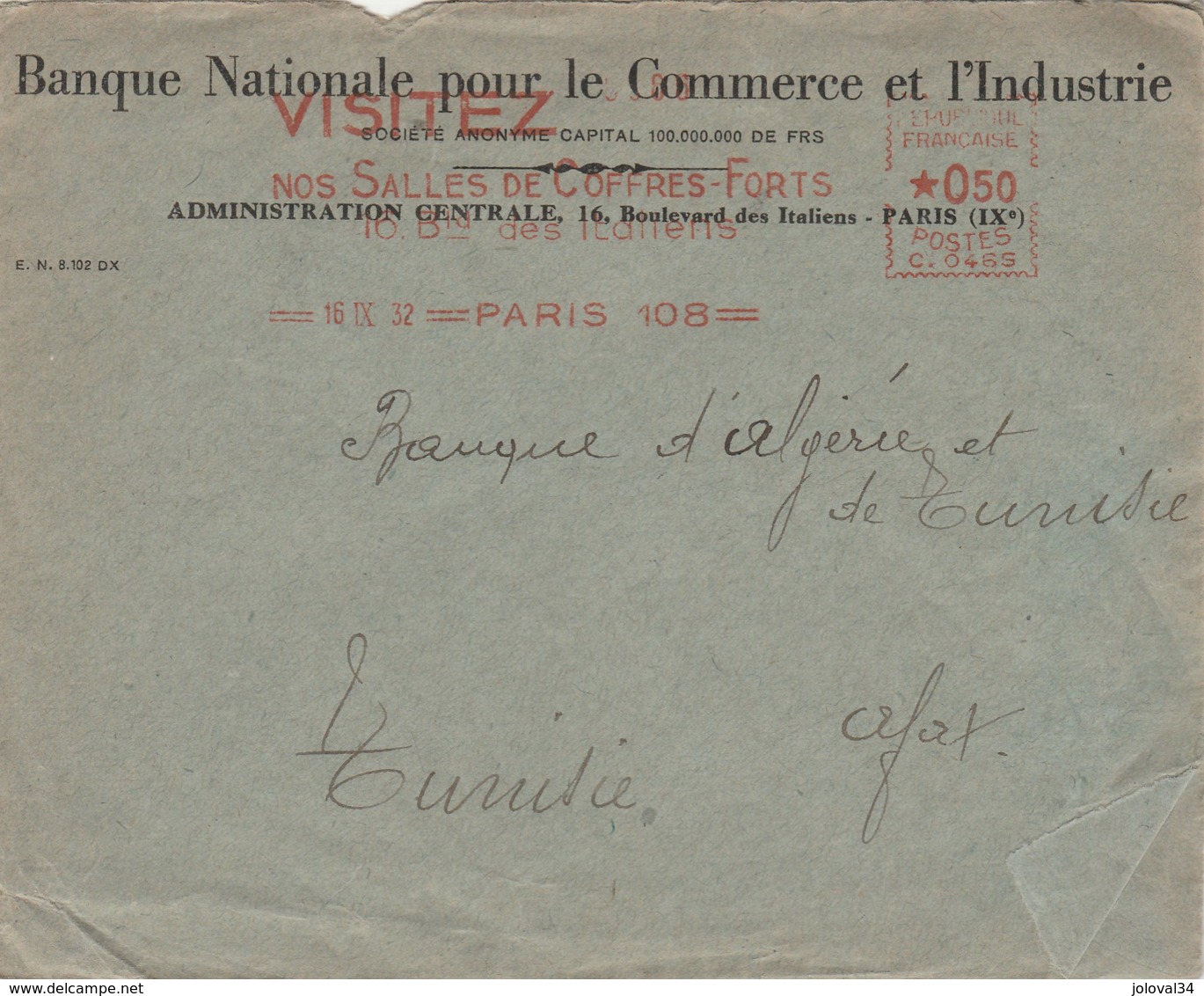 Lettre EMA Banque Nationale Commerce Industrie Flamme Visitez Nos Coffres Forts PARIS 108 16/9/1932 Pour Sfax - EMA (Empreintes Machines à Affranchir)