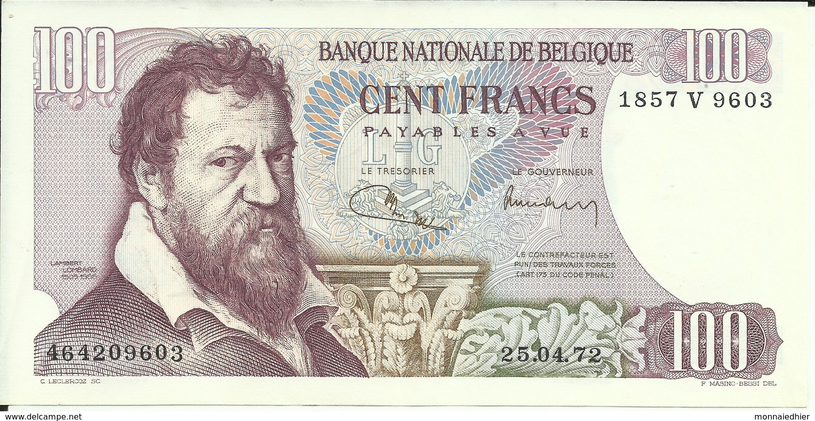 BELGIQUE , 100 Francs , 25.04.1972 , N° World Paper Money : 134 B - 100 Francs