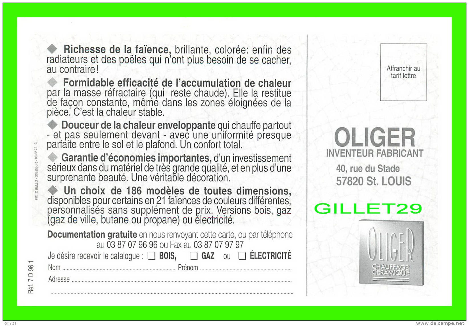 ADVERTISING - PUBLICITÉ - OLIGER, INVENTEUR FABRICANT - BOIS, GAZ OU ÉLECTRICITÉ DÉCOUVREZ LA CHALEUR DOUCE ! EN 1996 - - Advertising