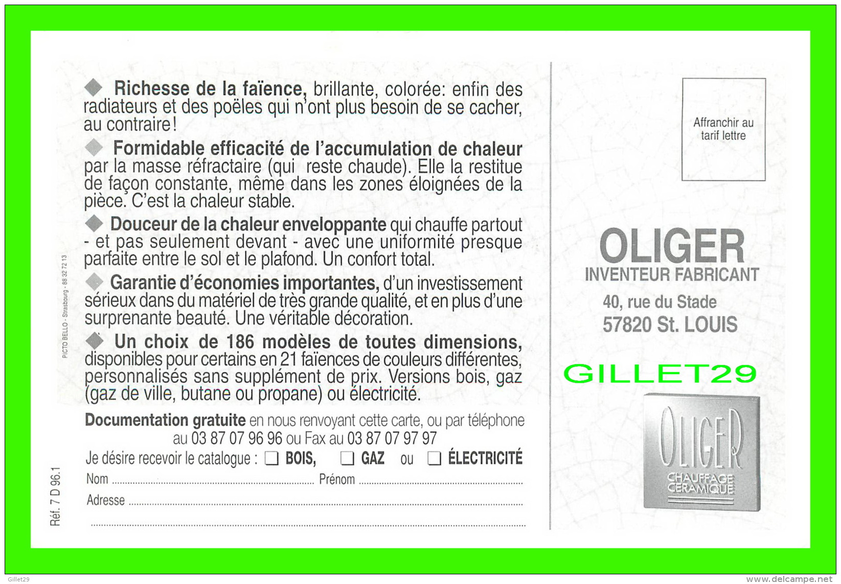 ADVERTISING - PUBLICITÉ - OLIGER, INVENTEUR FABRICANT - BOIS, GAZ OU ÉLECTRICITÉ DÉCOUVREZ LA CHALEUR DOUCE ! EN 1996 - - Reclame