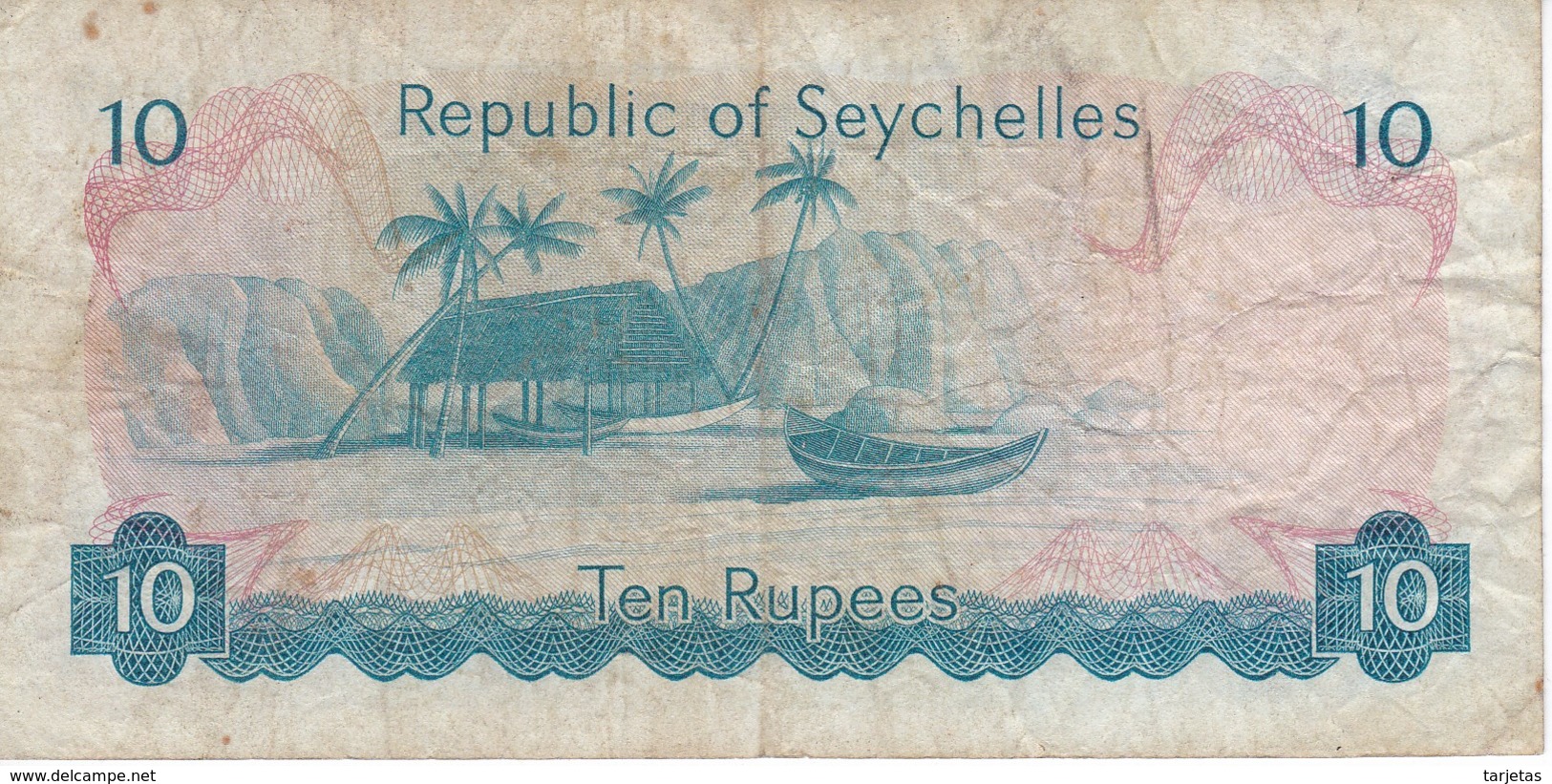 BILLETE DE SEYCHELLES DE 10 RUPEES DEL AÑO 1976  (BANKNOTE) CARACOLA-SEA SHELL - Seychellen