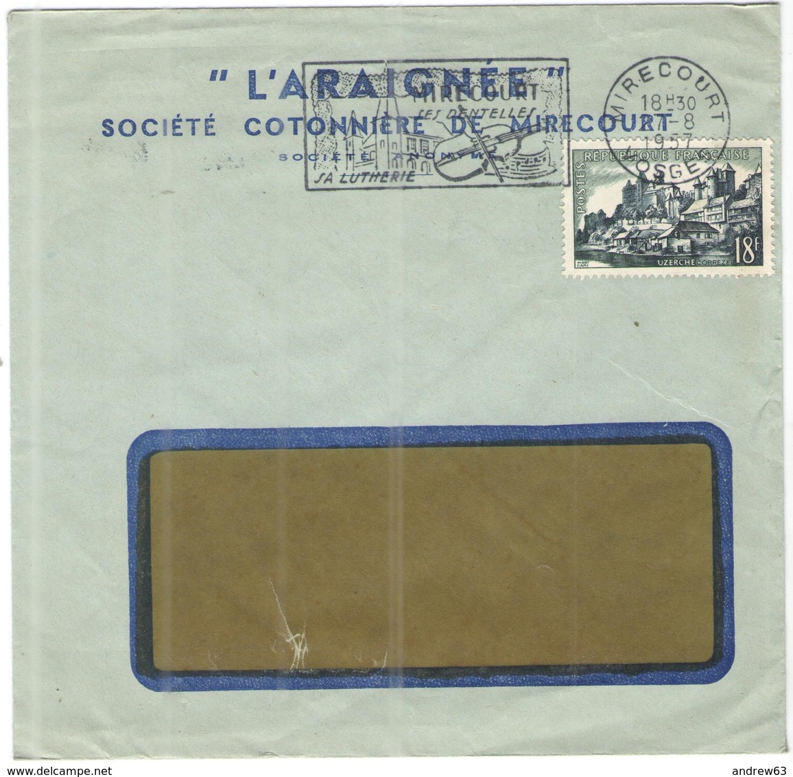 FRANCIA - France - 1957 - 18F Uzerche + Flamme Ses Dentelles, Sa Luthèrie - Seul - L'Araignée - Viaggiata Da Mirecourt - Storia Postale