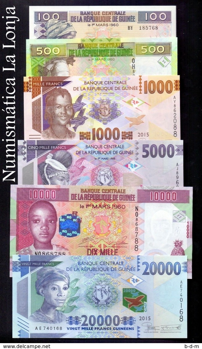 Guinea Full Set 100 500 1000 5000 10000 20000 Francs 2012-2015 Pick New SC UNC - Guinea