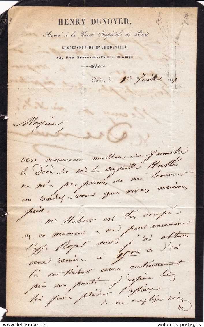 Lettre 1861 Paris Napoléon 10 Centimes Henry Dunoyer Avoué Cour Impériale De Paris - 1853-1860 Napoleon III