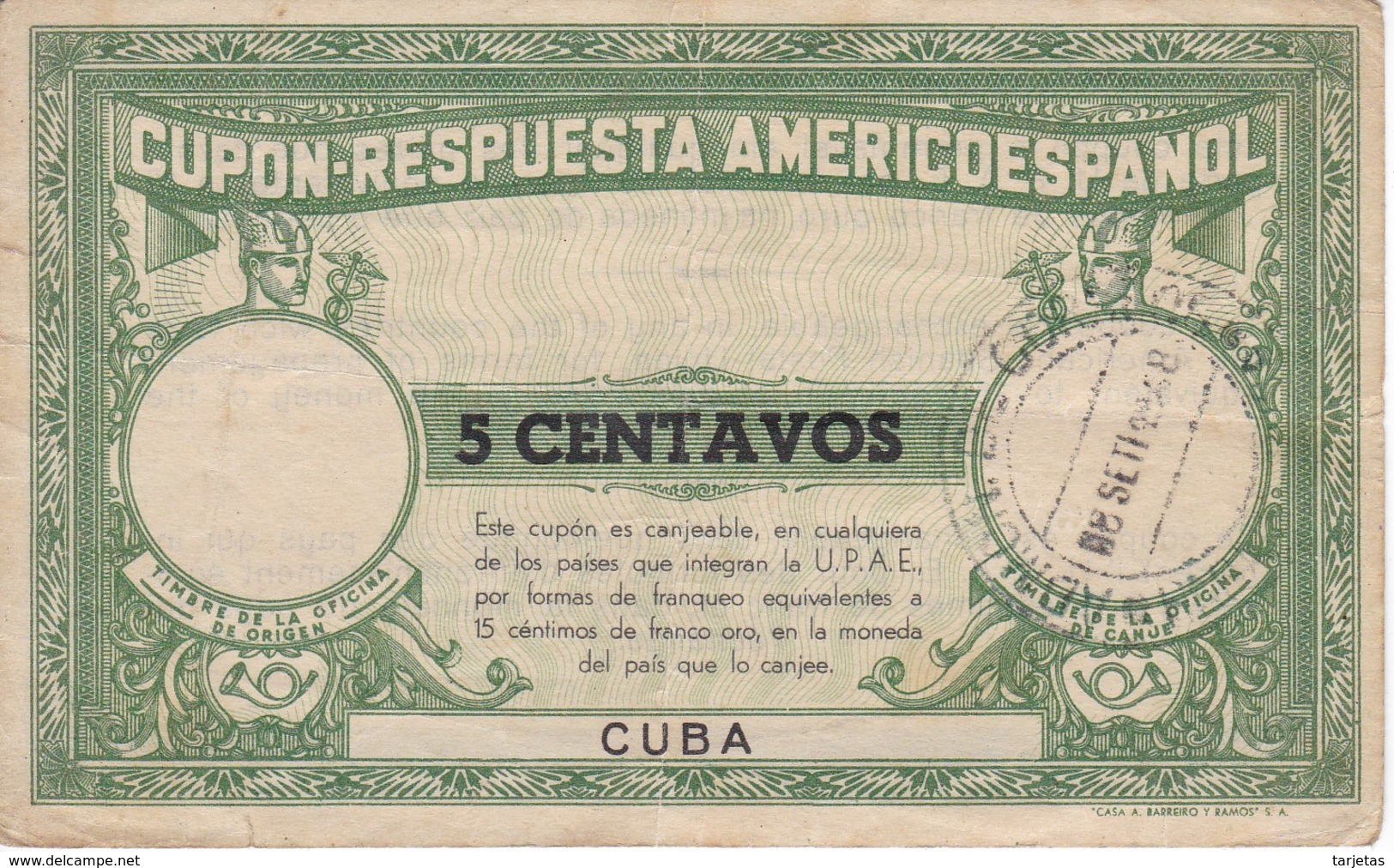 CUPON RESPUESTA AMERICOESPAÑOL DE 5 CENTAVOS DE CUBA DEL AÑO 1948 - Cuba