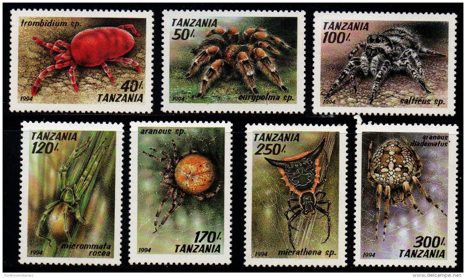 Tanzania 1994 Spiders 7 Values MNH Trobidium, Tarantula, Zebra Spider, Micrommata, Barn Spider, Orb-weaver Garden Spider - Spinnen