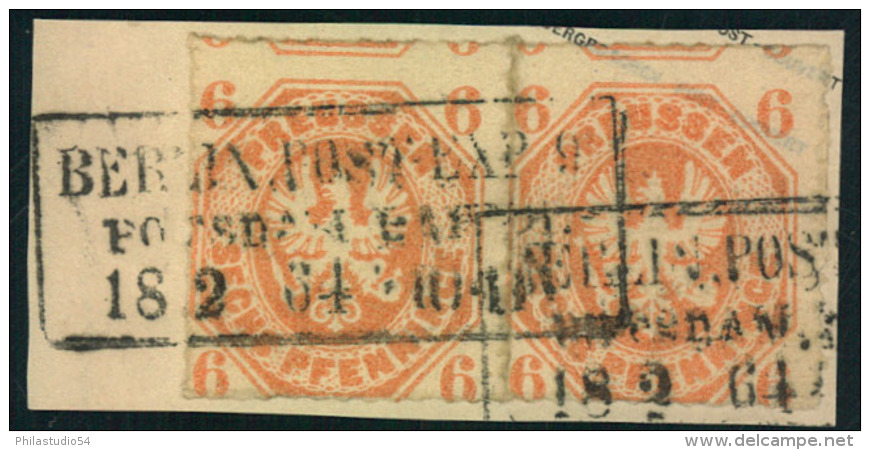 1861, 6 Pfg. Waagerechtes Paar Auf Briefstück Entwertet Mit Ra3 BERLIN POST-EXP. 9 / POTSDAMER BHF. - Oblitérés