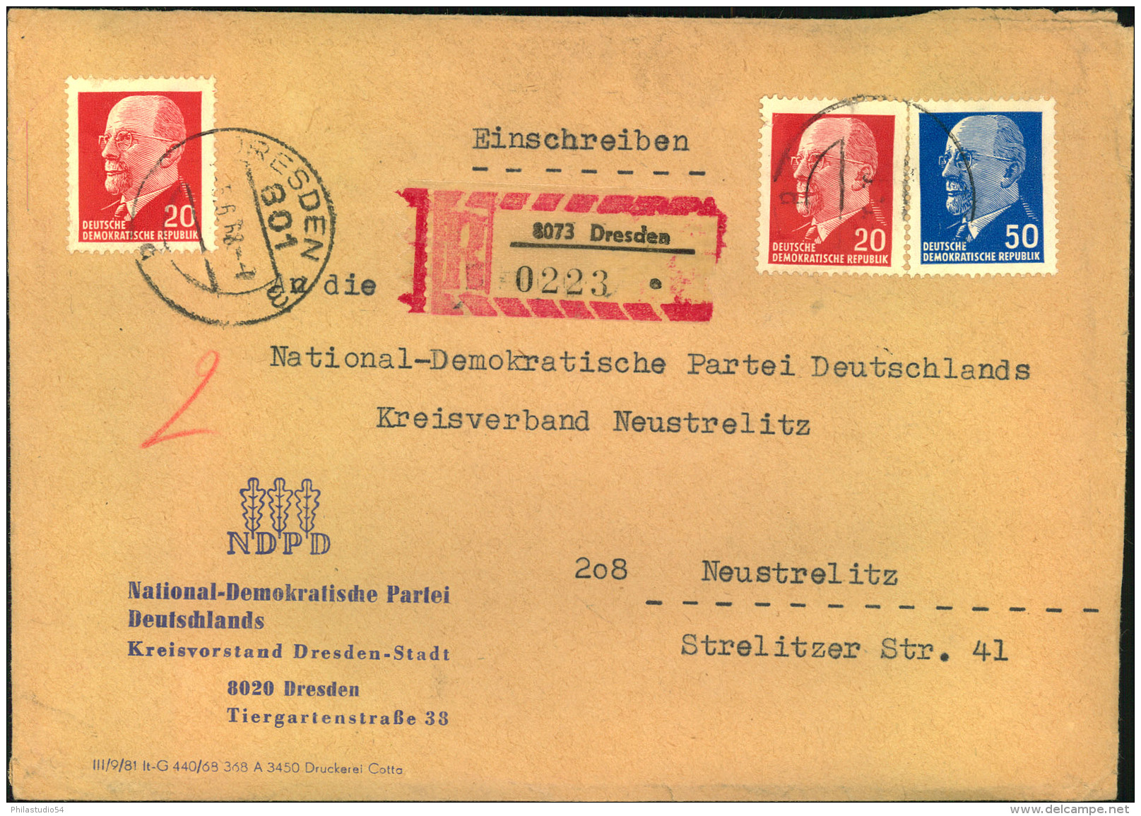 1968, Einschreiben Mit Absender ""National Demokratische Partei Deutschlands"" NDPD Dresden An Den Kreisverband Neustrel - Andere & Zonder Classificatie