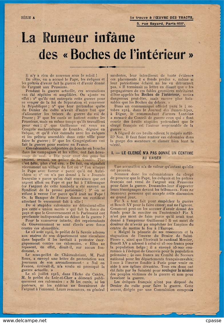 1ère Guerre Mondiale TRACT Rédigé Par Le Clergé Suite à La "Rumeur" "DES BOCHES De L'INTERIEUR" ** Religion Catholique - Documents Historiques