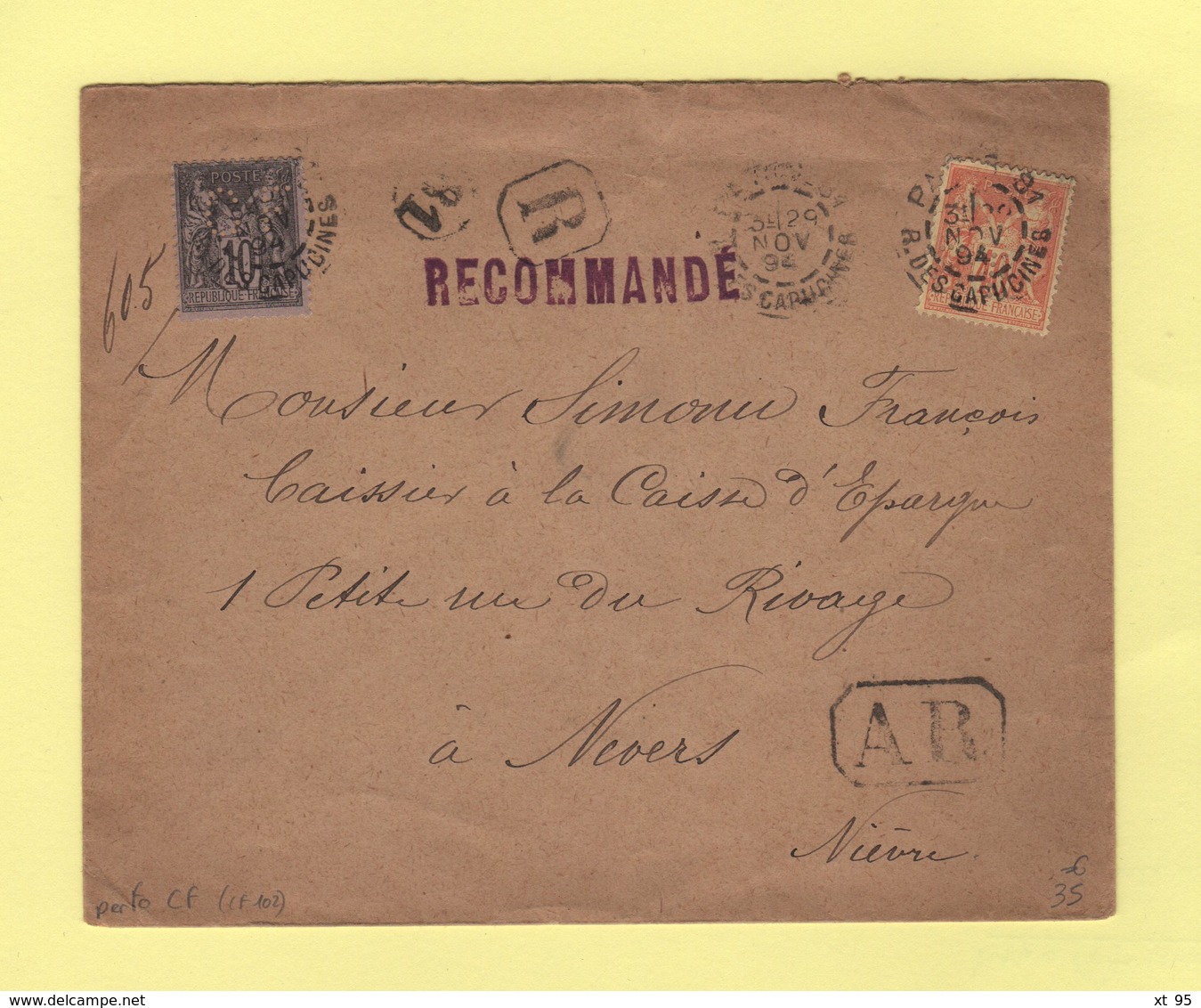 Type Sage - Perforation CF (CF102) - Recommande AR - 1894 - Paris - 1877-1920: Période Semi Moderne