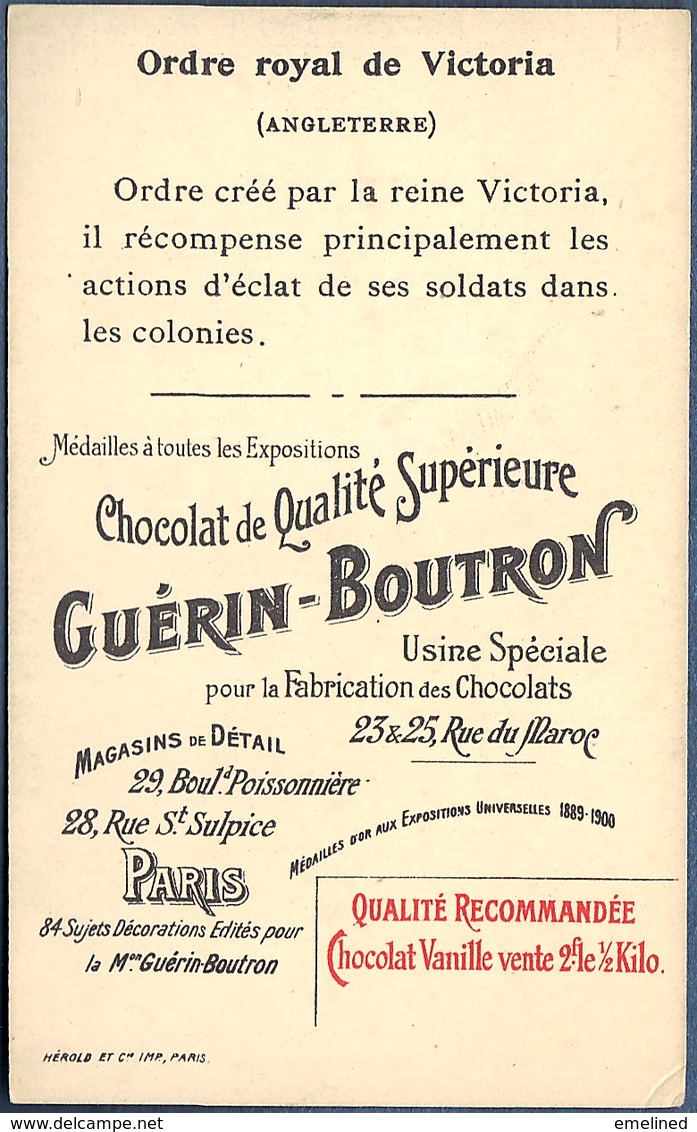 Chromo Chocolat Guerin-Boutron Décorations Françaises Et étrangères Ordre Royal De Victoria Angleterre Colonies Soldats - Guerin Boutron