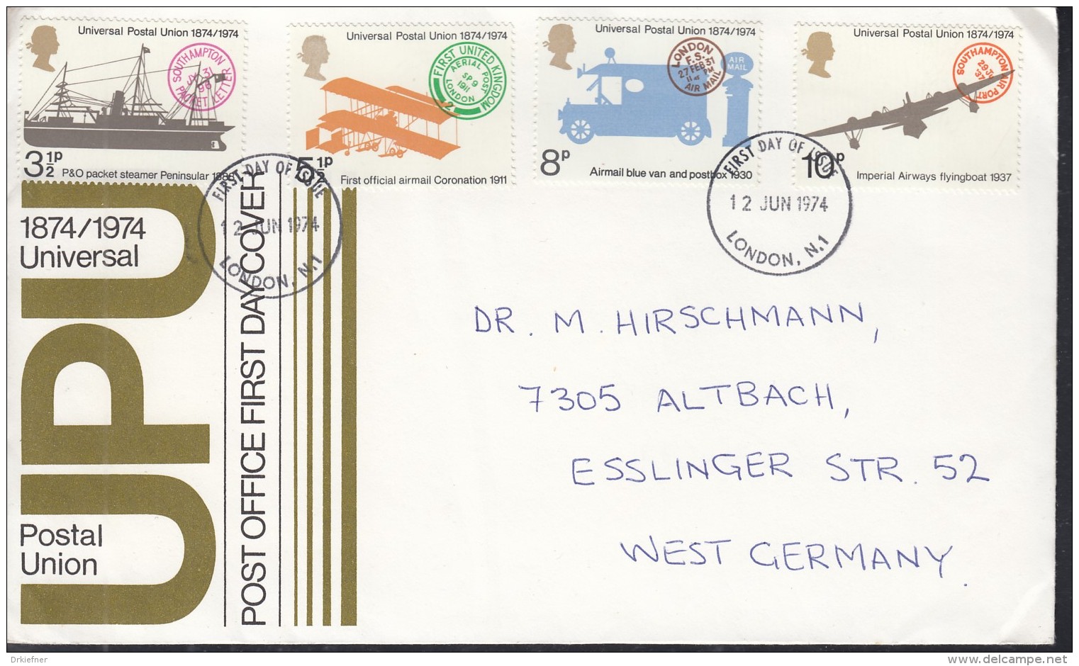 GROSSBRITANNIEN  650-653, FDC Echt Gelaufen, 100 Jahre Weltpostverein (UPU) 1974 - 1971-1980 Dezimalausgaben