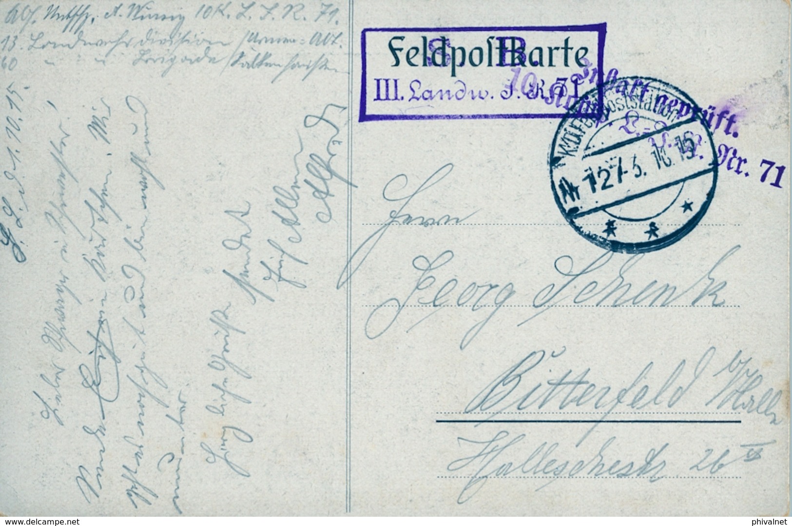 1915 , TARJETA POSTAL CIRCULADA , FELDPOST , CIRCULADA A BITTERFELD , CENSURA - Cartas & Documentos