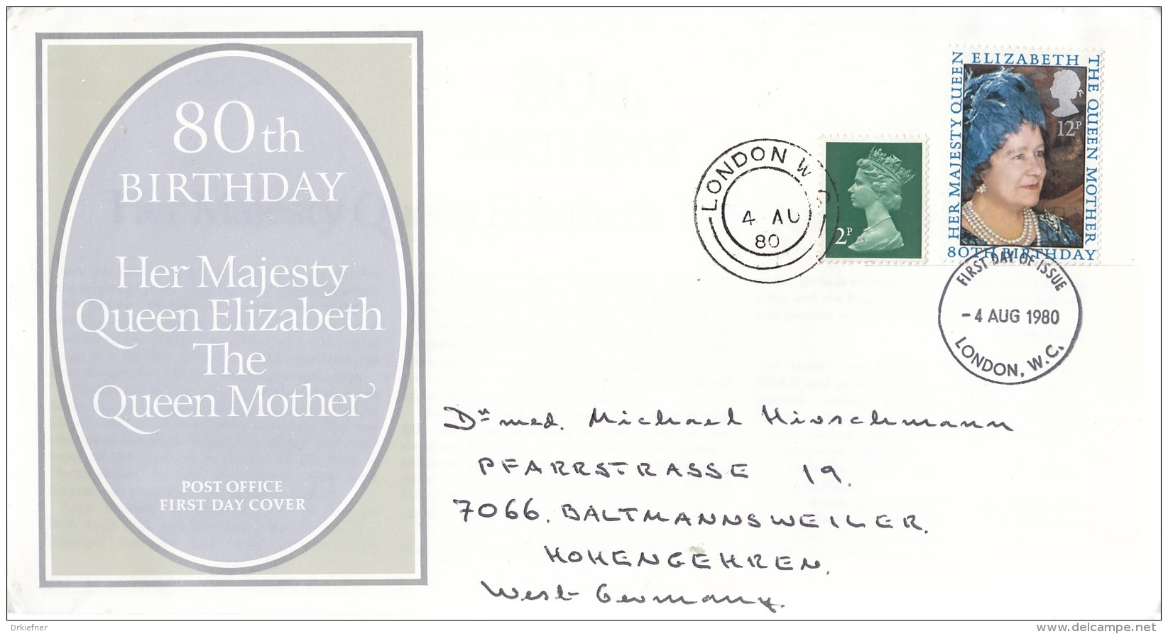 GROSSBRITANNIEN 845 + ZFr., FDC, Echt Gelaufen, 80. Geburtstag Von Königinmutter Elizabeth 1980 - 1971-1980 Dezimalausgaben