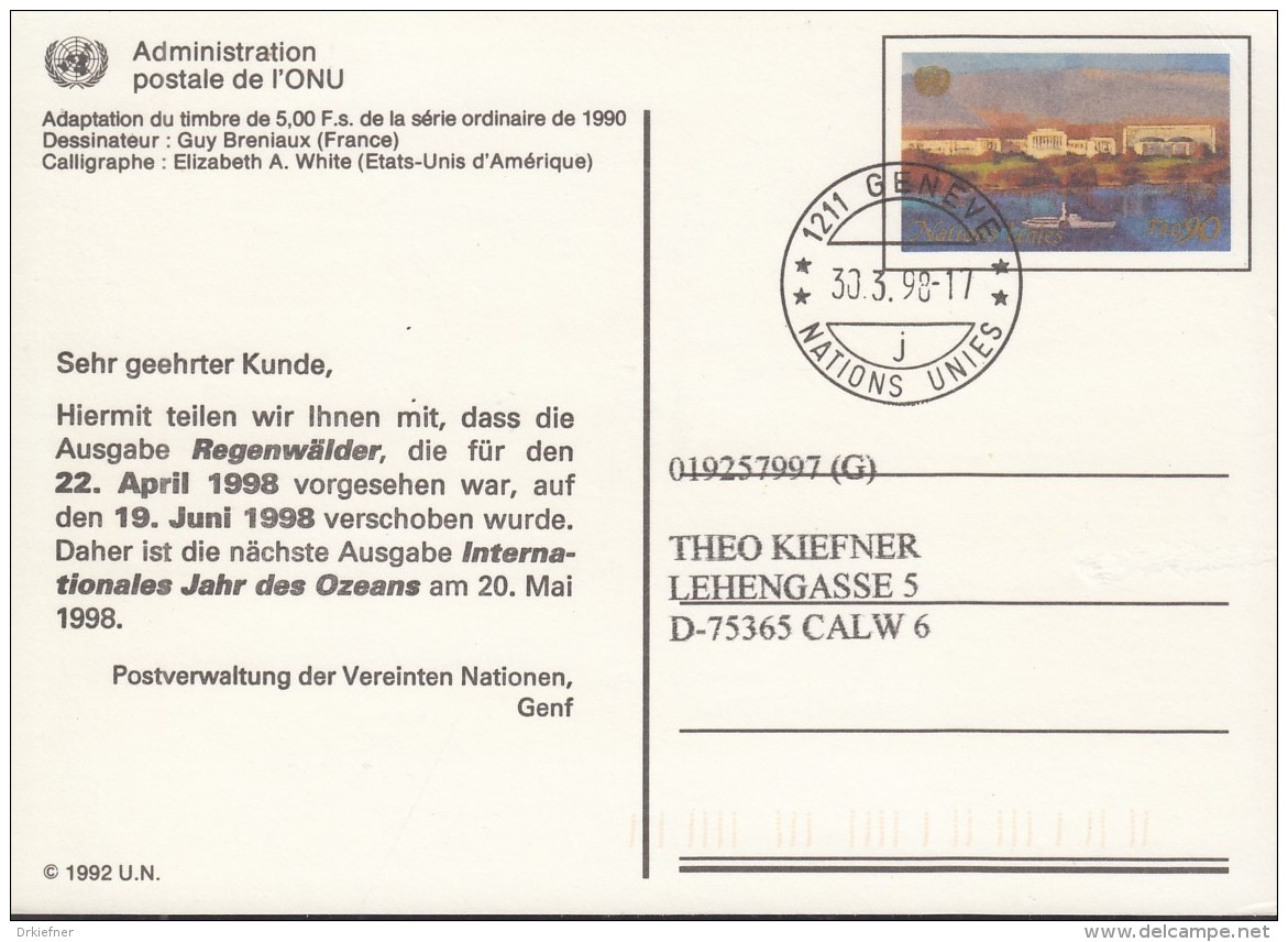 UNO GENF  Ganzsache P 8, Gestempelt, Palais Des Nations Genf 1992 - Briefe U. Dokumente
