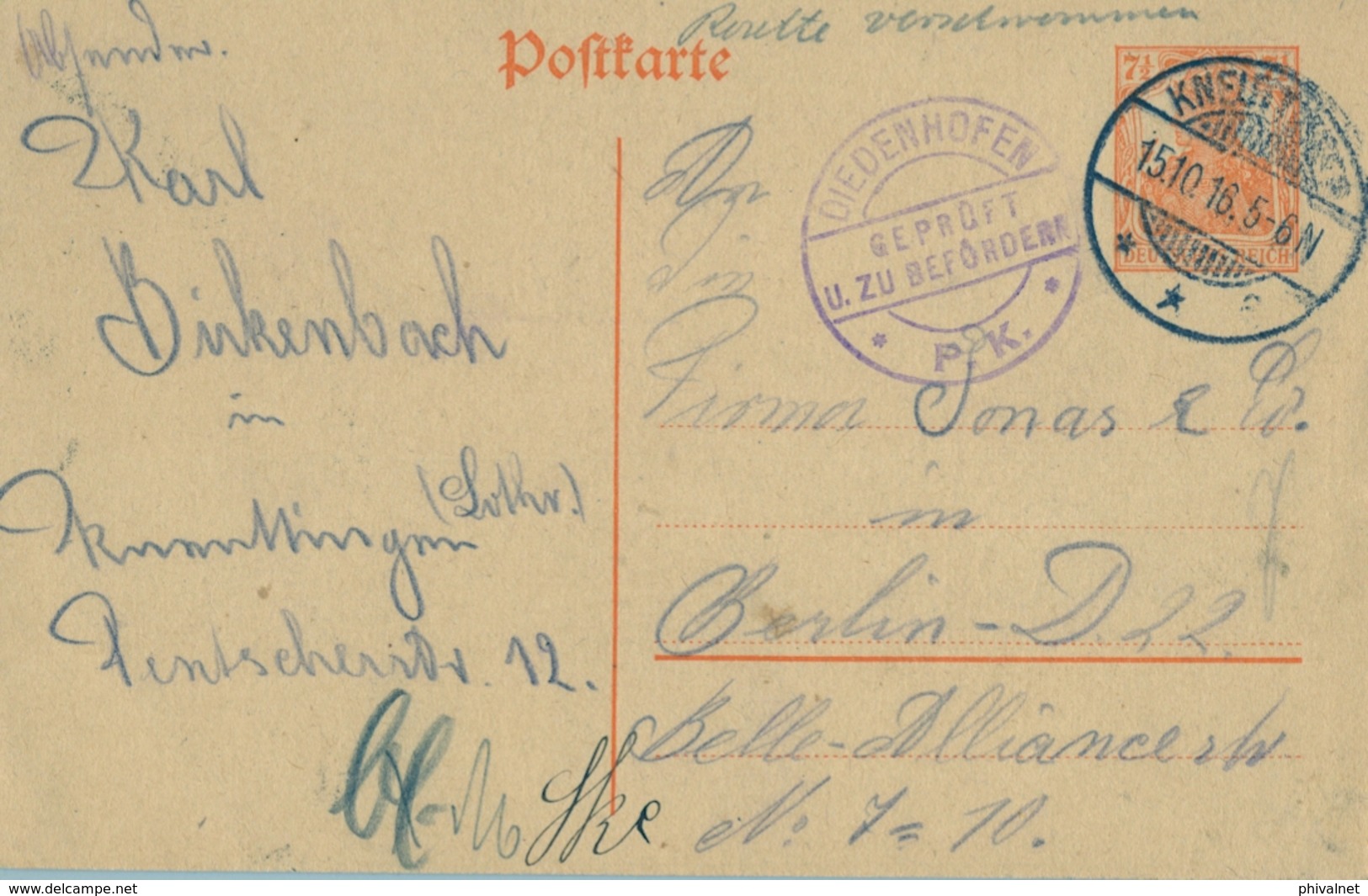 1916 , ENTERO POSTAL CIRCULADO A BERLIN , CENSURA DIEDENHOFEN - Cartas & Documentos