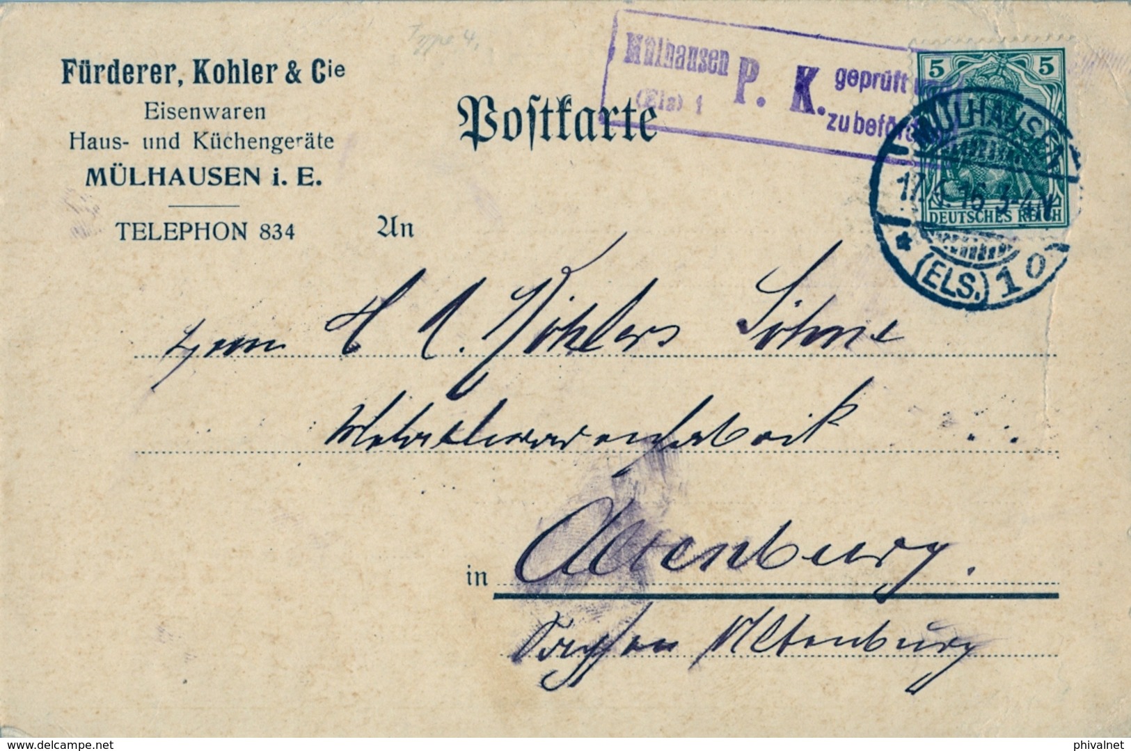 1916 , TARJETA POSTAL COMERCIAL , CENSURA , MULHAUSEN - ALTENBERG - Cartas & Documentos