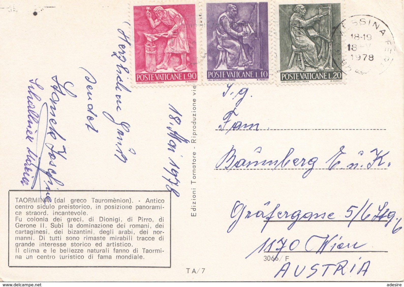 VATICANE 1978  - 3 Schöne Sondermarken Auf Ak TAORMINA - Briefe U. Dokumente