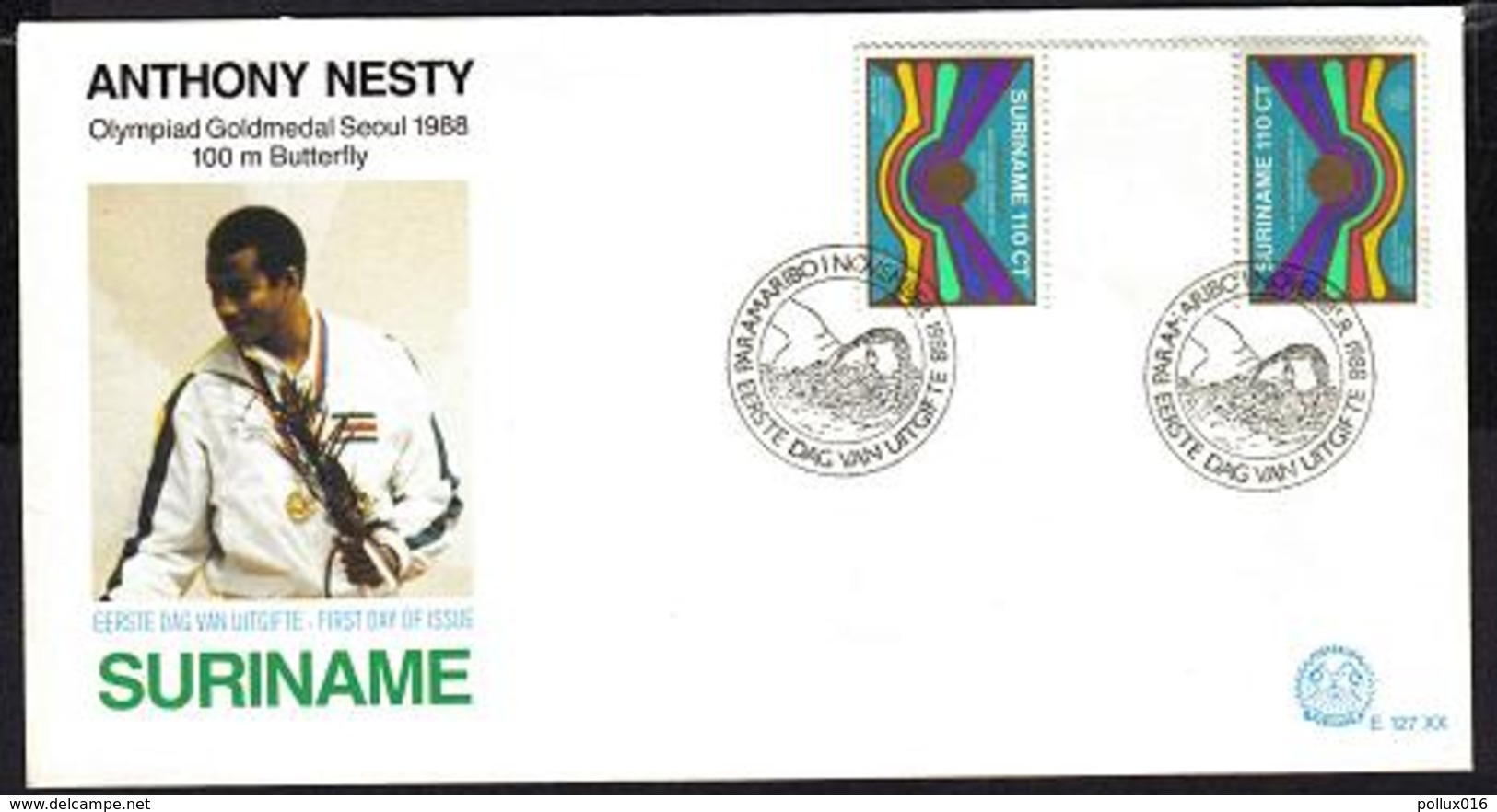 Surinam / Suriname 1988FDC 127xx BP  Olympic Seoul Swimming Butterfly Anthony Nesty Gutterpair - Suriname