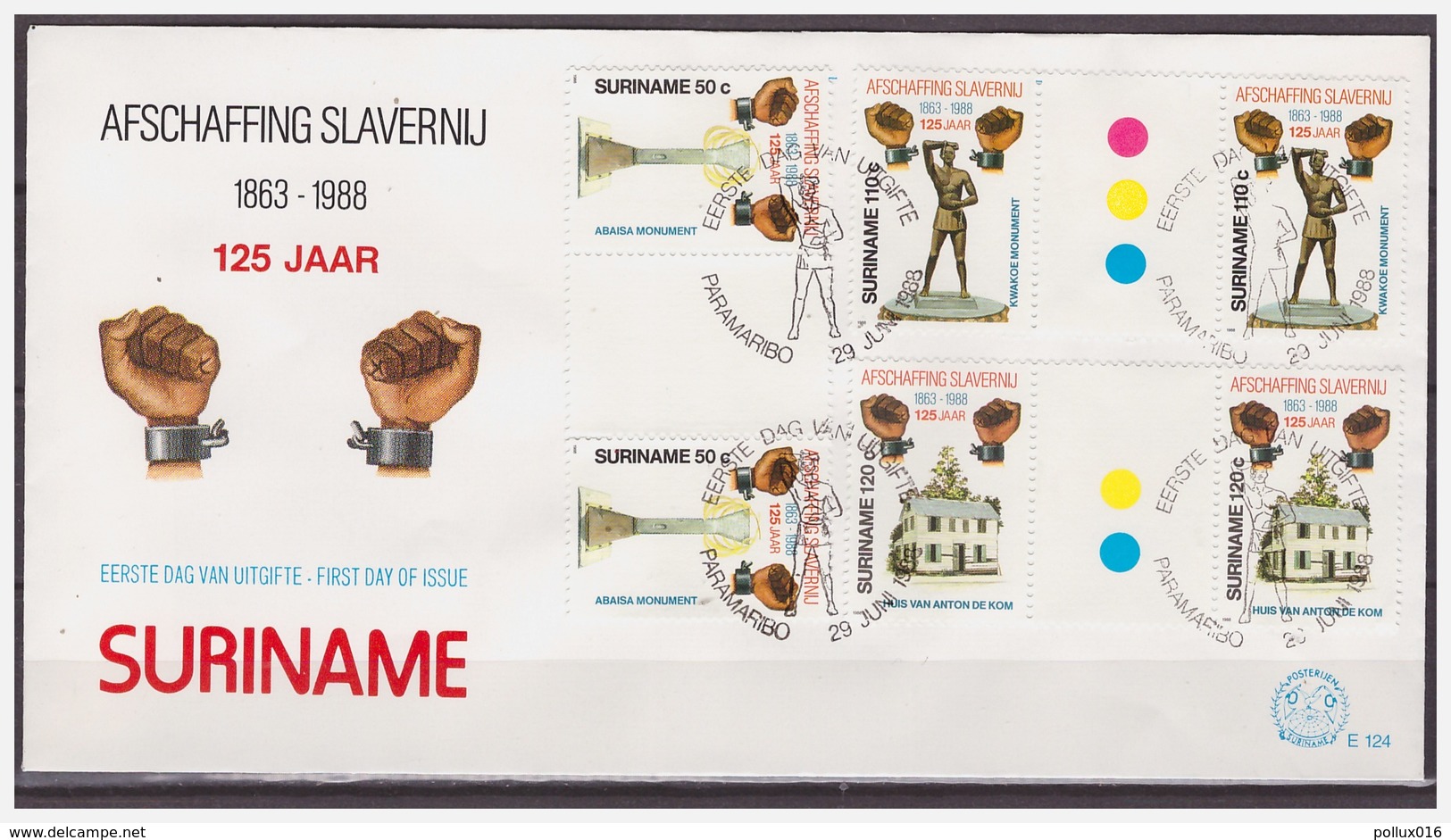 Surinam / Suriname 1988 FDC 124 BPA Afschaffing Slavernij Slavery Sklaverei Esclavage Gutterpair - Suriname