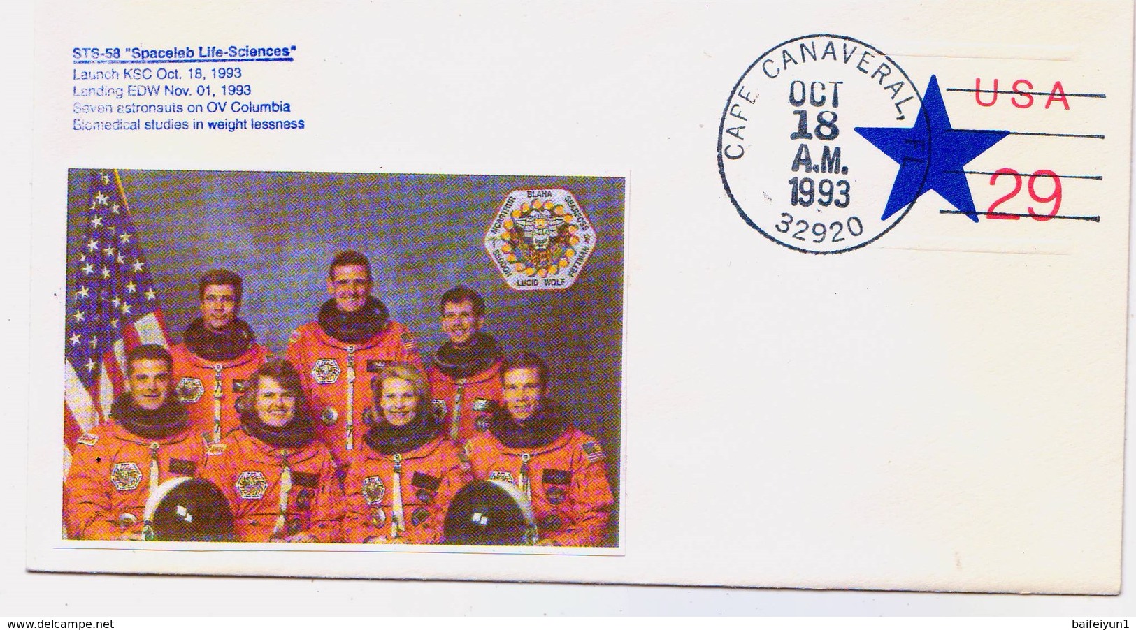 1993 USA  Space Shuttle Columbia  STS-58 Commemorative Cover - America Del Nord