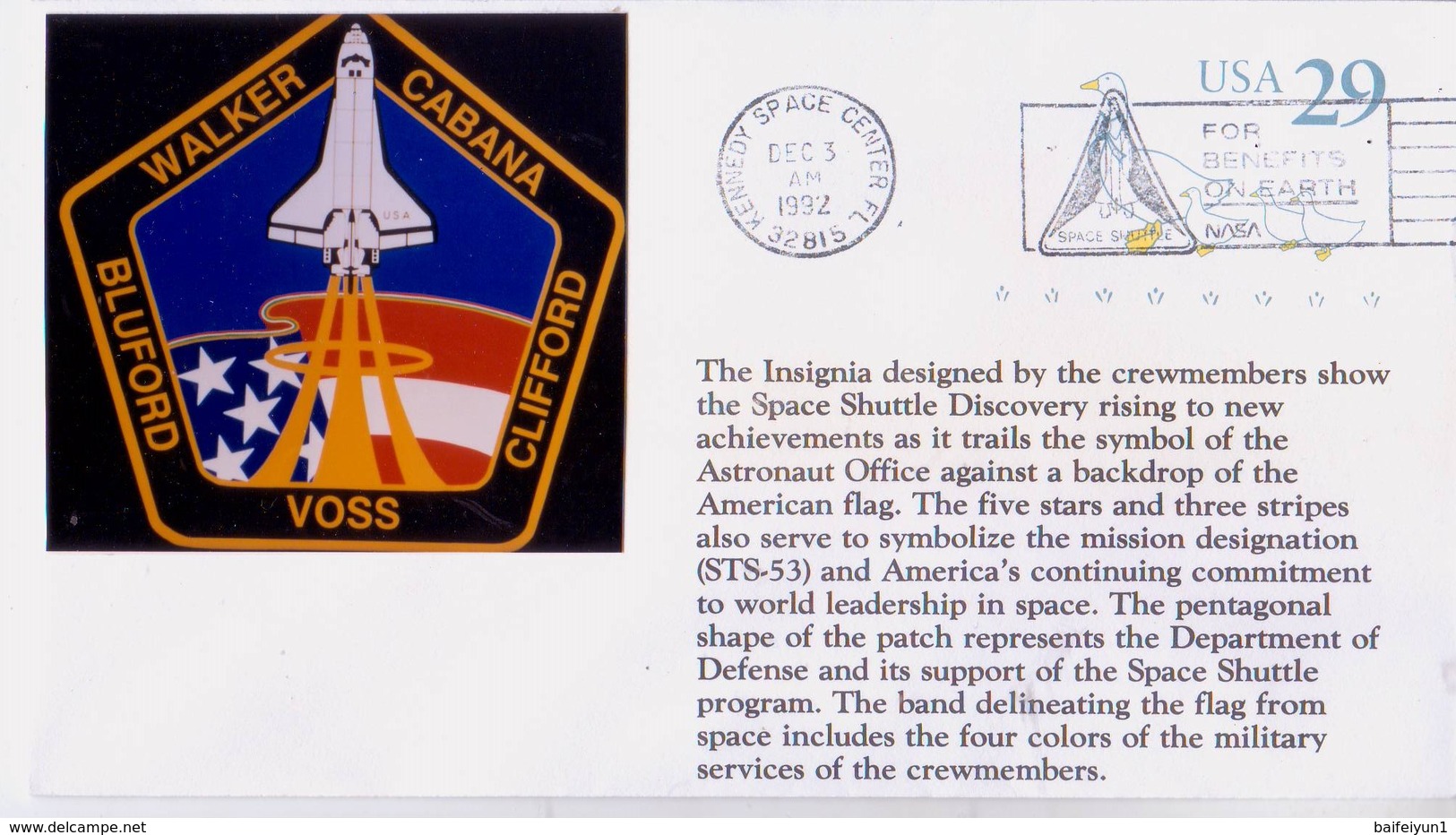 1992 USA Space Shuttle Discovery STS-53  Insignia  Commemorative Cover - America Del Nord