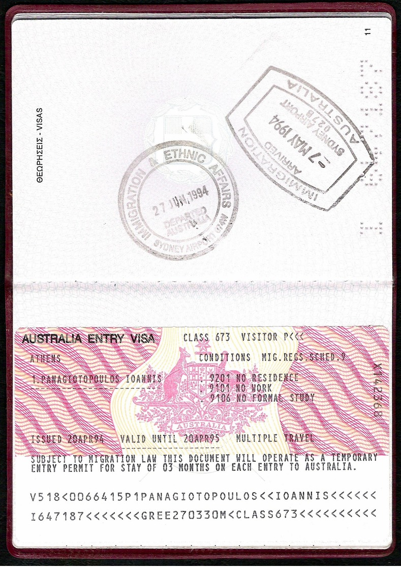 Greece Passport Expired 1999 Visa To Australia 1994 - Great Condition - Historical Documents