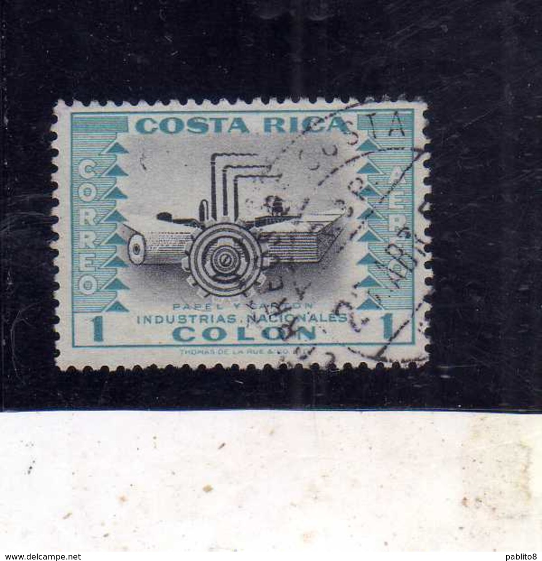 COSTA RICA 1954 AIR MAIL POSTA AEREA AEREO INDUSTRIES INDUSTRIAS NACIONALES PAPER COLON 1col USATO USED OBLITERE' - Costa Rica