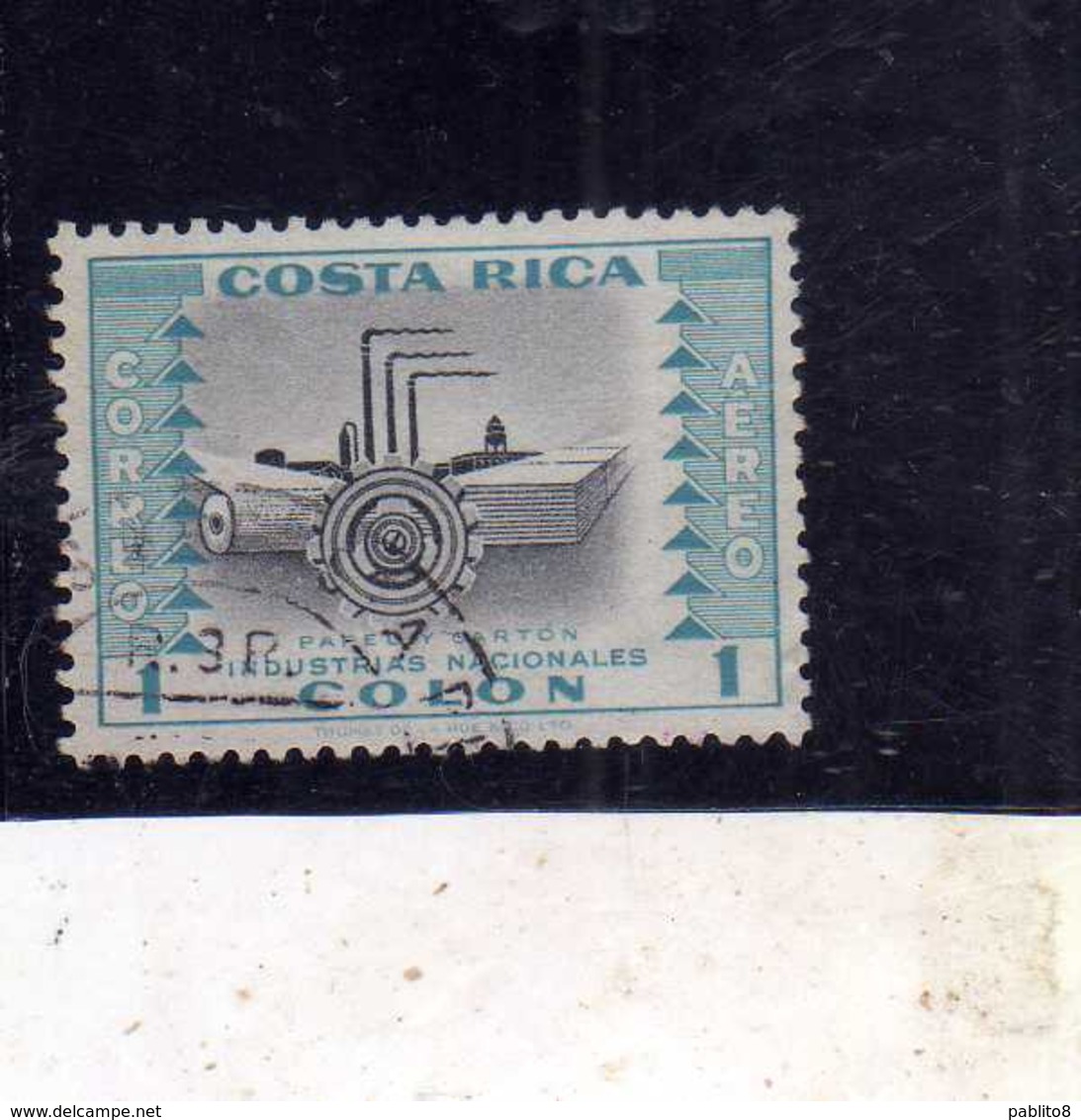 COSTA RICA 1954 AIR MAIL POSTA AEREA AEREO INDUSTRIES INDUSTRIAS NACIONALES PAPER COLON 1col USATO USED OBLITERE' - Costa Rica