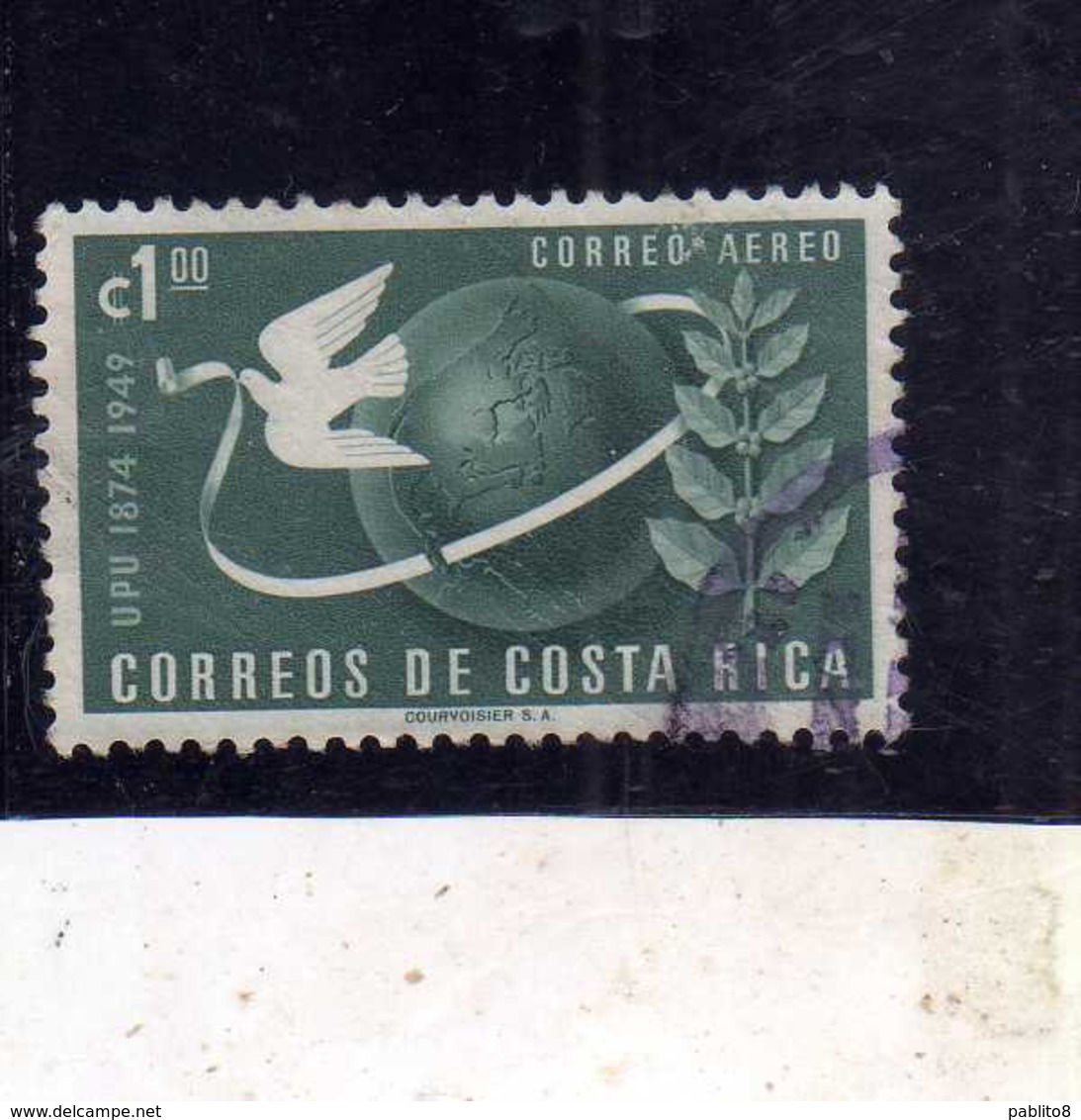 COSTA RICA 1950 AIR MAIL POSTA AEREA AEREO UPU COLONES 1col USATO USED OBLITERE' - Costa Rica