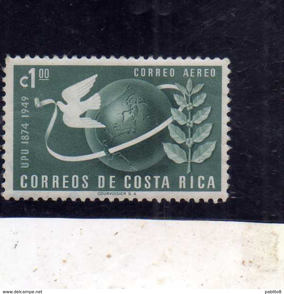 COSTA RICA 1950 AIR MAIL POSTA AEREA AEREO UPU COLONES 1col USATO USED OBLITERE' - Costa Rica