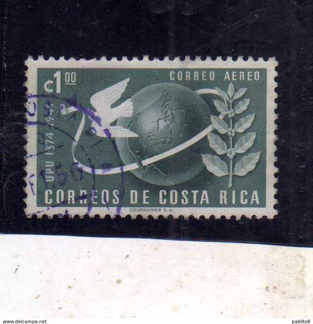 COSTA RICA 1950 AIR MAIL POSTA AEREA AEREO UPU COLONES 1col USATO USED OBLITERE' - Costa Rica