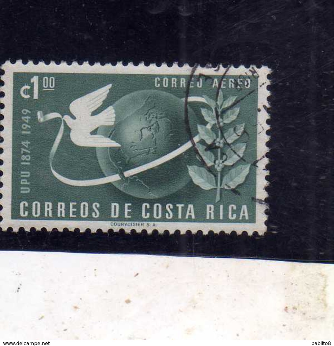 COSTA RICA 1950 AIR MAIL POSTA AEREA AEREO UPU COLONES 1col USATO USED OBLITERE' - Costa Rica